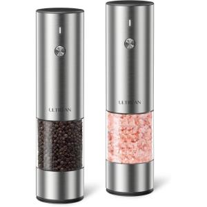 imageUltrean Pepper Grinder Rechargeable Salt and Pepper Grinder with 6 Adjustable Coarseness LED Light OneHand Automatic Operation BlackClassic Silver