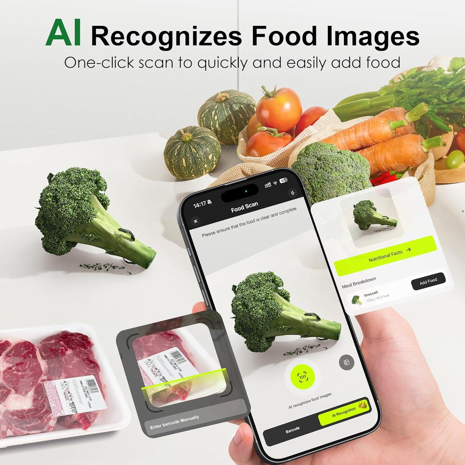 imageUltrean Smart Food Kitchen Scale with Nutritional Calculator Free App for Macro ampamp Calorie Tracking AI Scan Digital Grams and Ounces for Weight Loss Rechargeable Stainless Steel 33lbXLarge