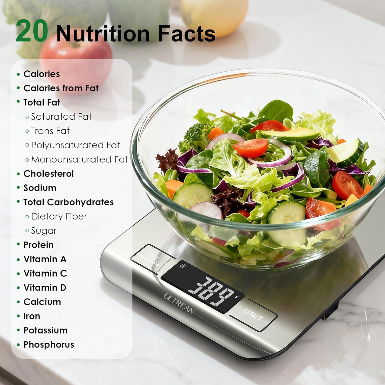 imageUltrean Smart Food Kitchen Scale with Nutritional Calculator Free App for Macro ampamp Calorie Tracking AI Scan Digital Grams and Ounces for Weight Loss Rechargeable Stainless Steel 33lbXLarge