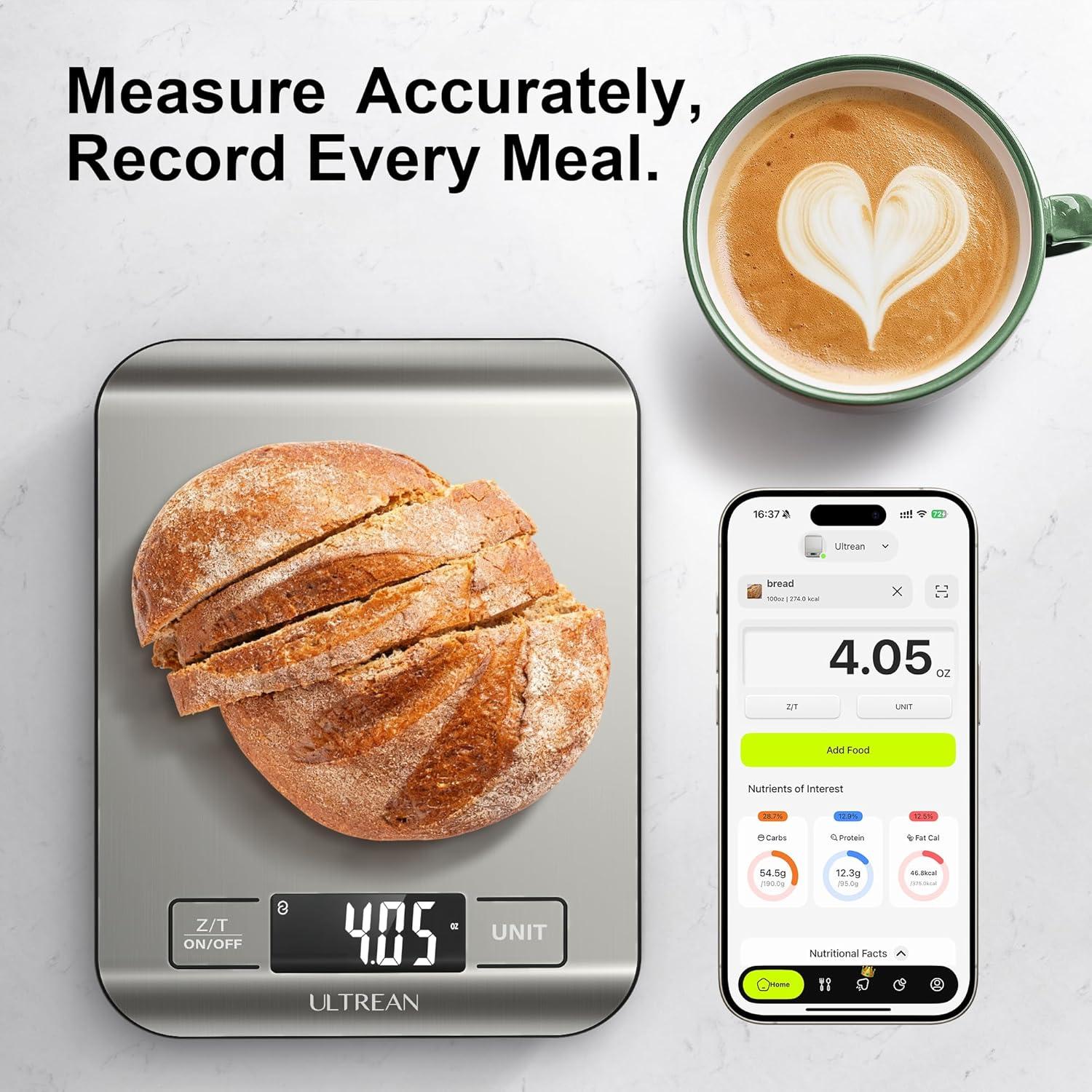 imageUltrean Smart Food Kitchen Scale with Nutritional Calculator Free App for Macro ampamp Calorie Tracking AI Scan Digital Grams and Ounces for Weight Loss Rechargeable Stainless Steel 33lbXLarge