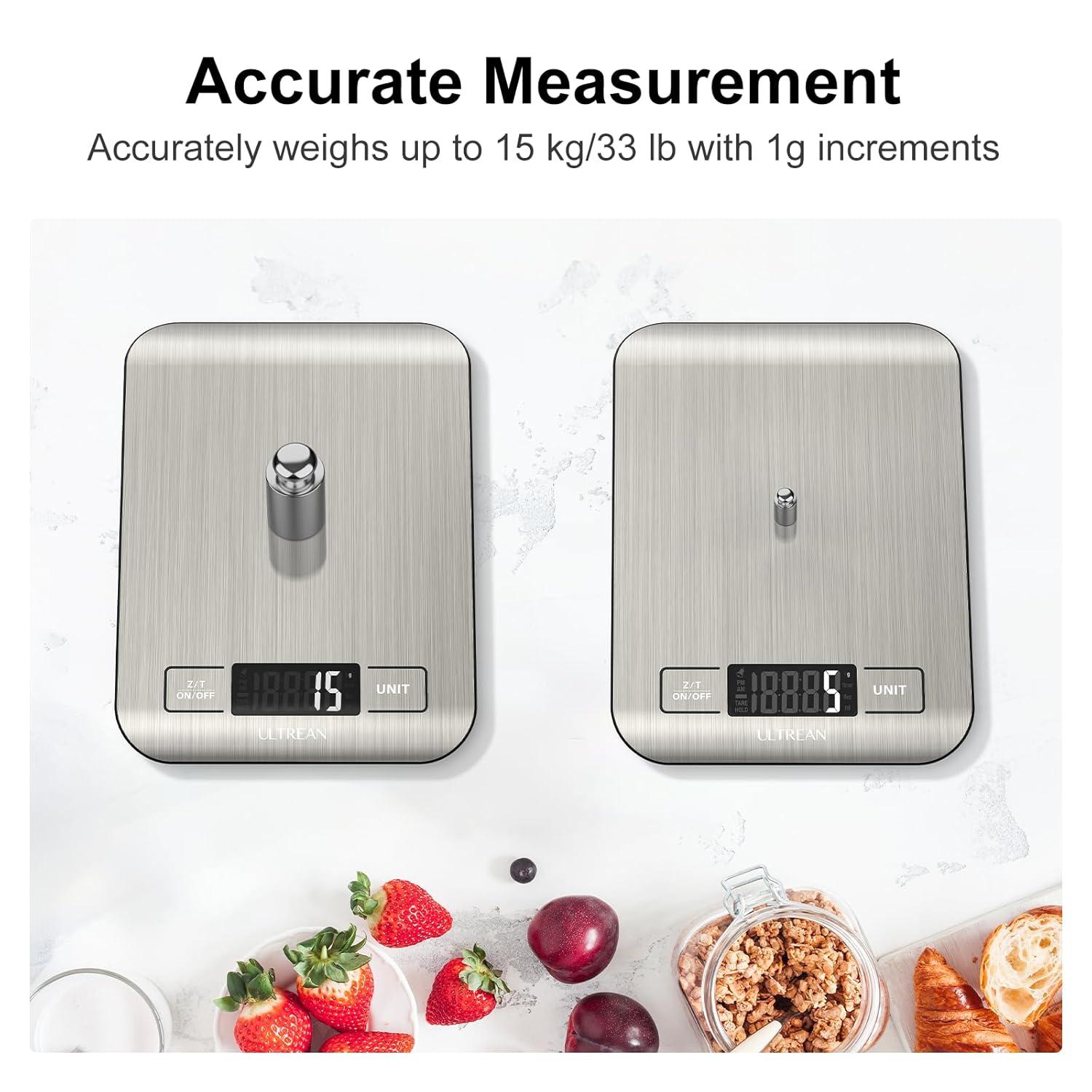 imageUltrean Smart Food Kitchen Scale with Nutritional Calculator Free App for Macro ampamp Calorie Tracking AI Scan Digital Grams and Ounces for Weight Loss Rechargeable Stainless Steel 33lbLarge