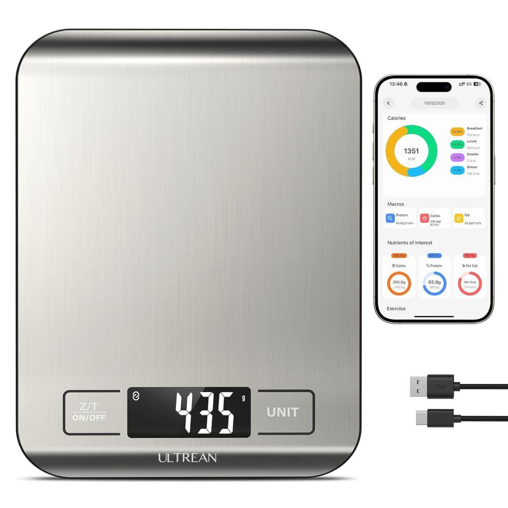 imageUltrean Smart Food Kitchen Scale with Nutritional Calculator Free App for Macro ampamp Calorie Tracking AI Scan Digital Grams and Ounces for Weight Loss Rechargeable Stainless Steel 33lbXLarge
